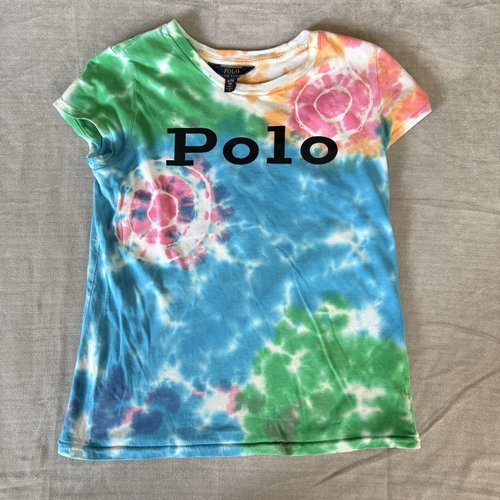 Polo Ralph Lauren Tie Dye T Shirt Girls XL Blue Green Pink Logo Tee
